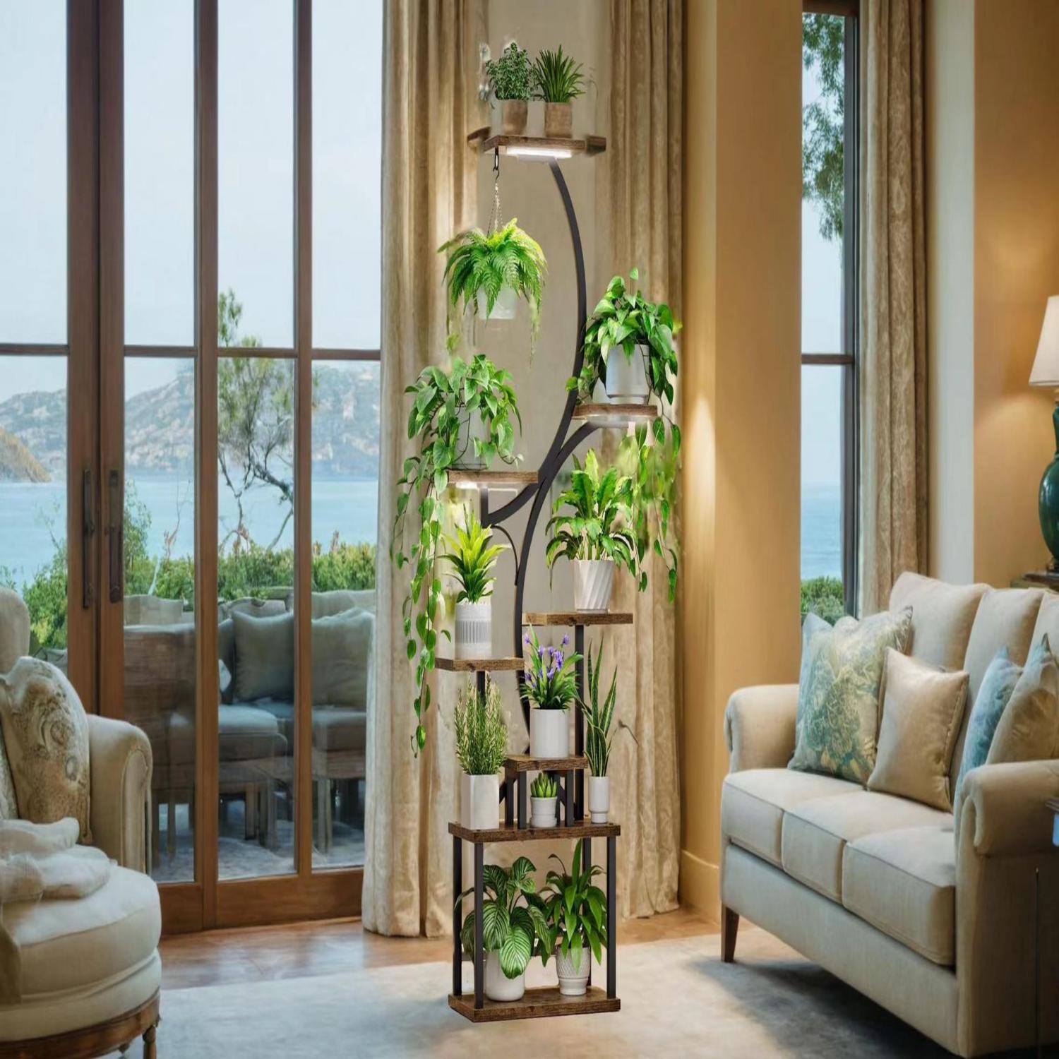 8-Tier Indoor Plant Stand with Grow Lights, 61 in S-Shaped Metal Shelf for Multiple Plants, Black - Grand Goldman Shop