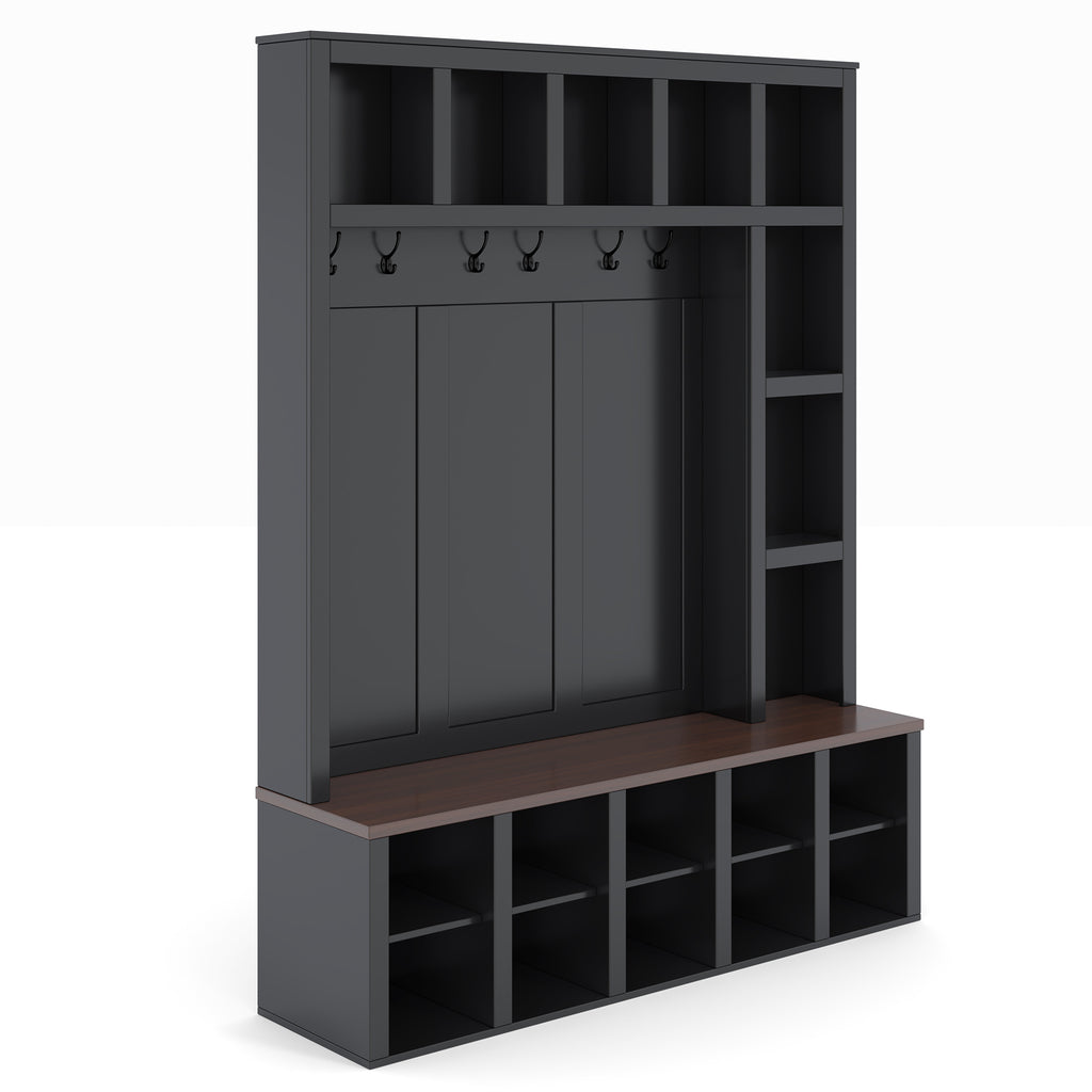 Farmhouse Wooden Hall Tree with 6 Hooks, Walnut Storage Bench with Adjustable Shelves,  4-in-1 Entryway Shoe Cabinet with Cubbies for Mudroom, Living Room, Black, 76.7'H (OLD SKU: N721S000044B) - Grand Goldman Shop