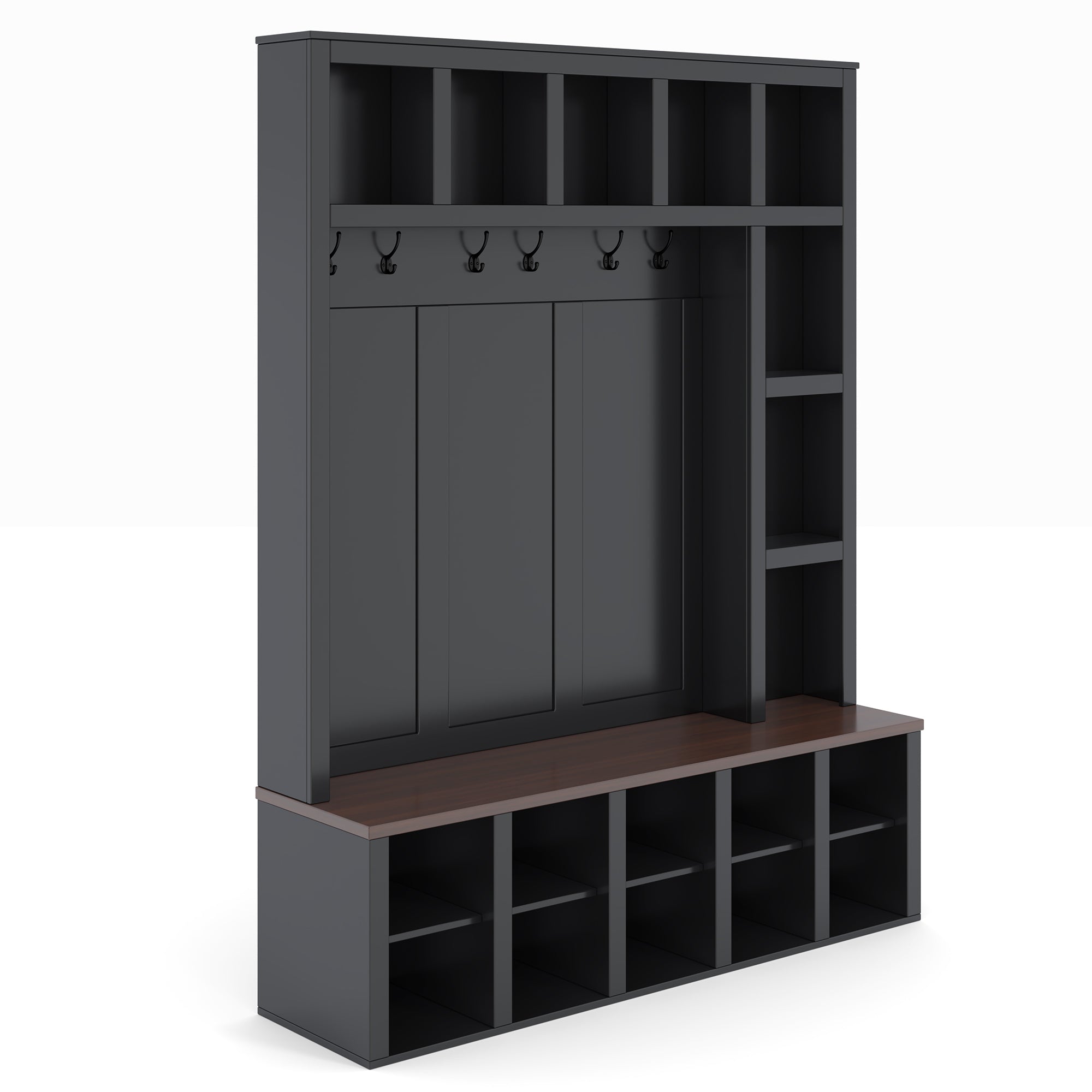 Farmhouse Wooden Hall Tree with 6 Hooks, Walnut Storage Bench with Adjustable Shelves,  4-in-1 Entryway Shoe Cabinet with Cubbies for Mudroom, Living Room, Black, 76.7'H (OLD SKU: N721S000044B) - Grand Goldman Shop