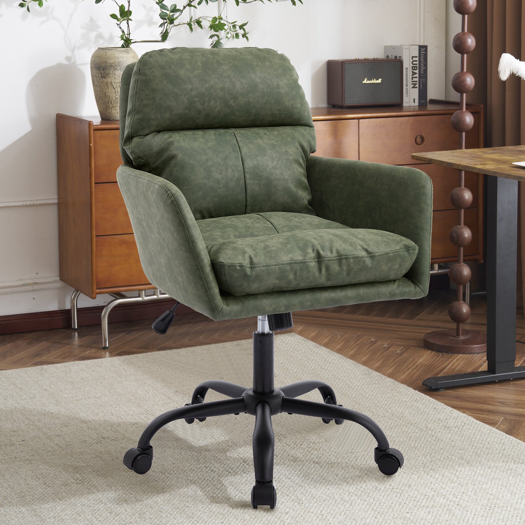 Green PU Leather Office Chair with Adjustable Height, Black Base, Ergonomic Design for Office, Bedroom, and Dressing Table - 