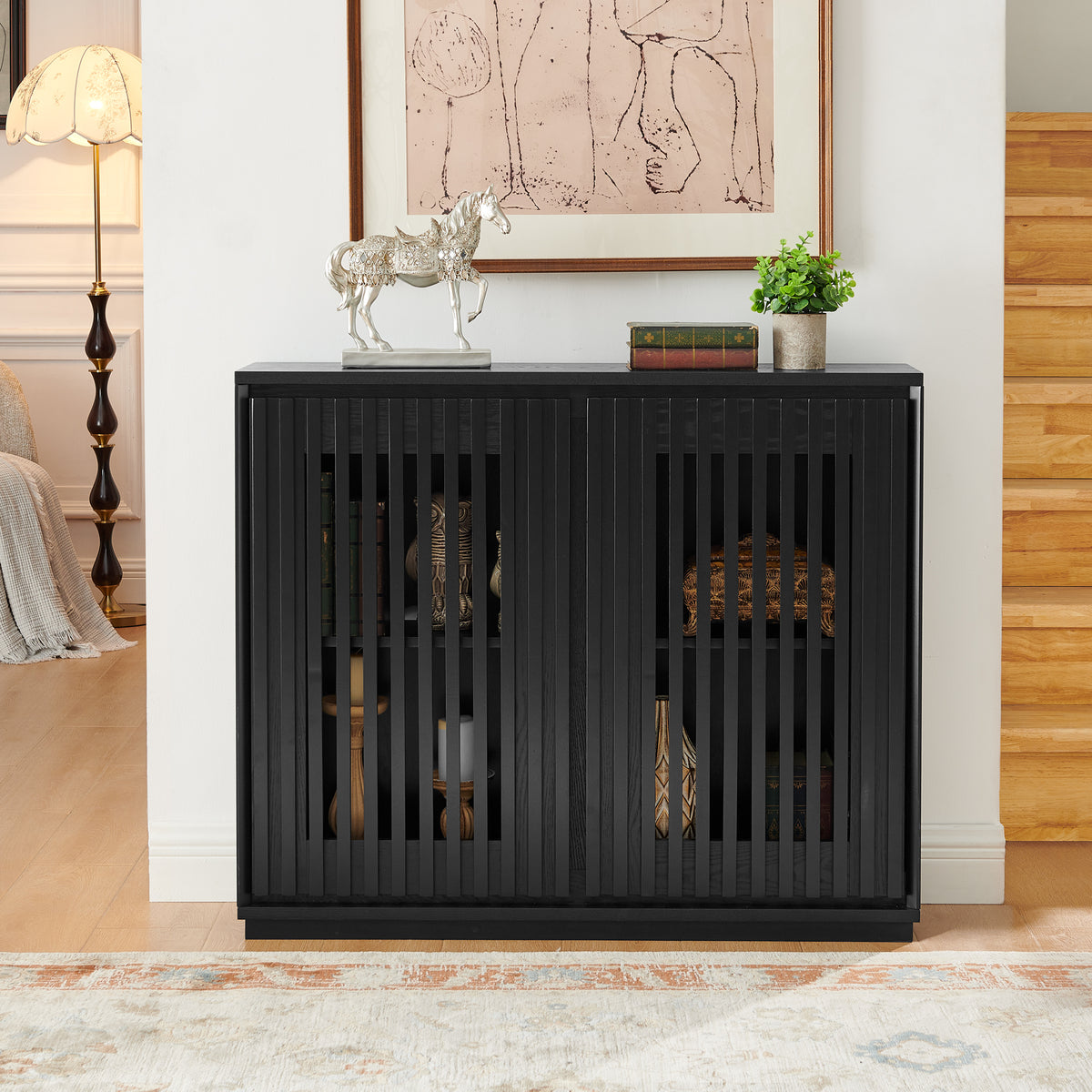 Mid Century Modern Fluted Hollowed Out Sideboard Cabinet with 2 Outlet Holes, Buffet Cabinet with Storage, Black Storage Cabinet for Living Room, Entryway, Hallway, Dining Room, Kitchen - Grand Goldman Shop