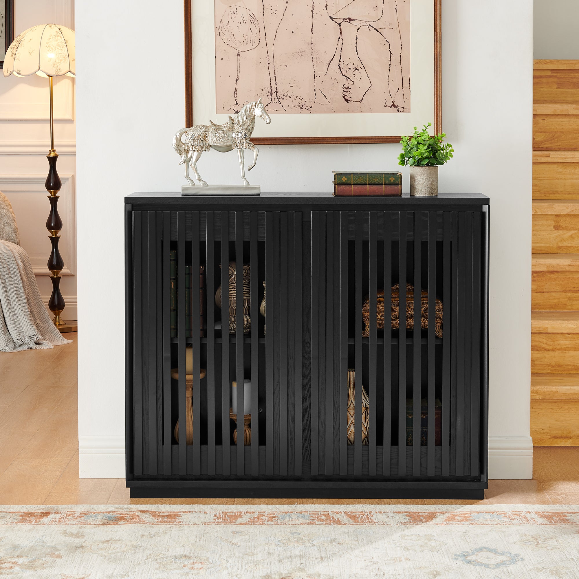 Mid Century Modern Fluted Hollowed Out Sideboard Cabinet with 2 Outlet Holes, Buffet Cabinet with Storage, Black Storage Cabinet for Living Room, Entryway, Hallway, Dining Room, Kitchen - Grand Goldman Shop