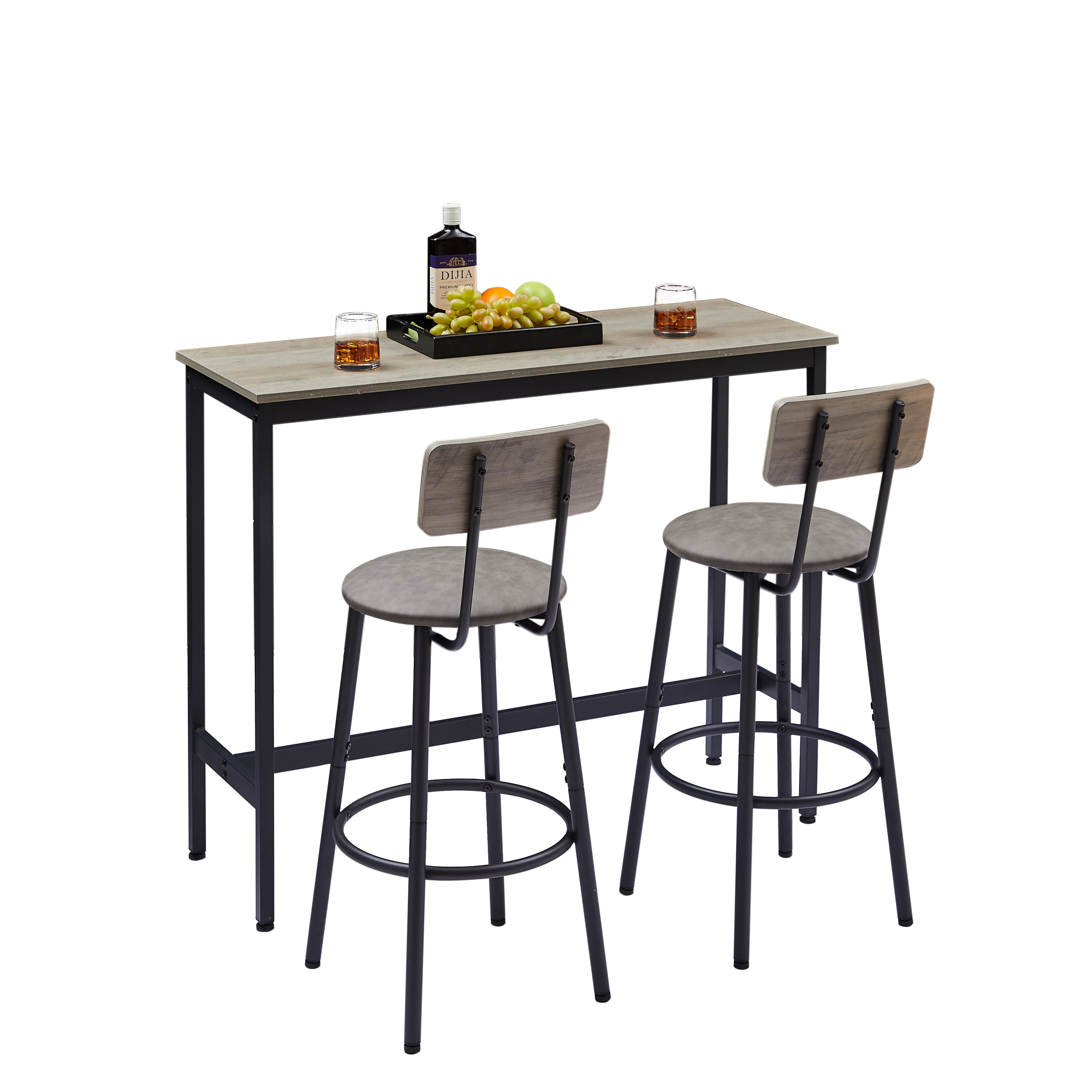 Bar Table Set with 2 Bar stools PU Soft seat with backrest, Grey, 43.31'' L x 15.75'' W x 35.43'' H. - Grand Goldman Shop