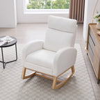 015B-Teddy Fabric Leisure Rocking Chair,Nursery Rocking Chair With Adjustable Footstool,Thickened Headrest And High Backrest, Storage Pocket On The Right Side,The Base Rocker Is Solid Wood,White - Grand Goldman Shop