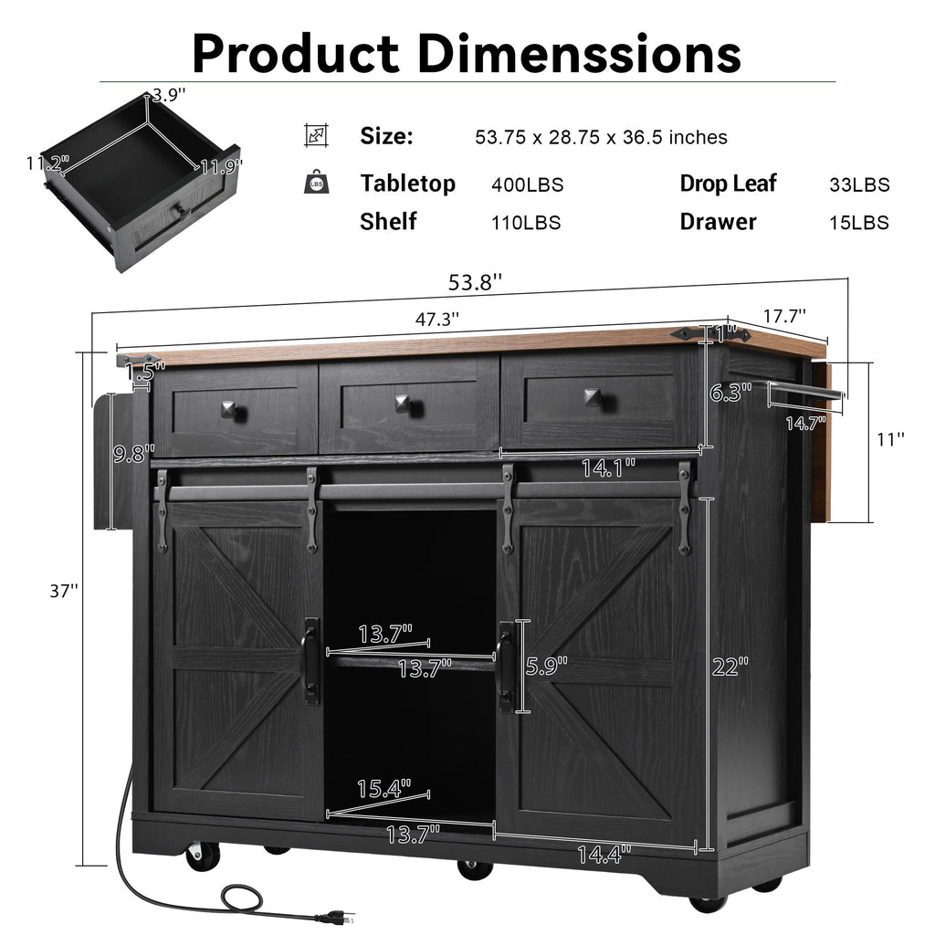 K&K 53.7' Farmhouse Kitchen Island with Power Outlet, 2 Sliding Barn Door Kitchen Storage Island with Drop Leaf, Spice Rack Rolling Kitchen Cart on Wheels, for Home, Kitchen and Dining Room, Black - Grand Goldman Shop