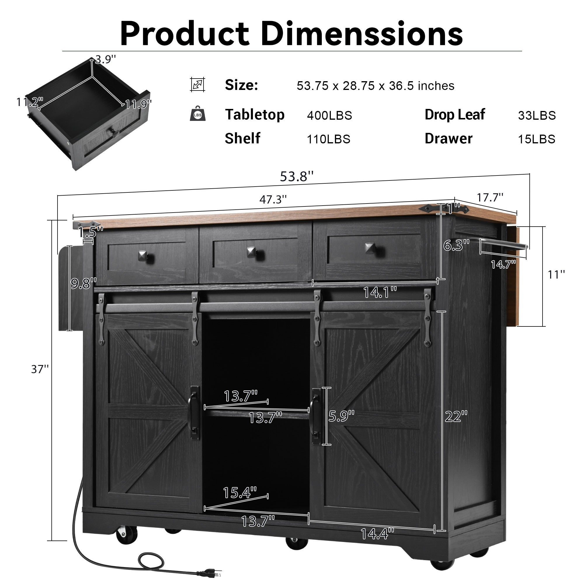 K&K 53.7' Farmhouse Kitchen Island with Power Outlet, 2 Sliding Barn Door Kitchen Storage Island with Drop Leaf, Spice Rack Rolling Kitchen Cart on Wheels, for Home, Kitchen and Dining Room, Black - Grand Goldman Shop