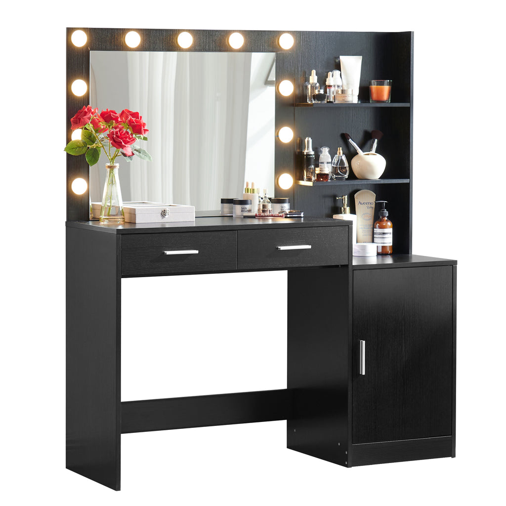 Modern Vanity Desk with Mirror and Lights, 46.4IN Dressing Table, Black MDF Wood, 3-Level Dresser with Adjustable Brightness - Grand Goldman Shop