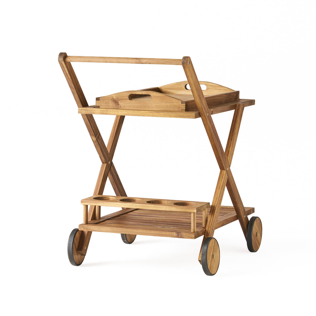 RIVIERA BAR CART Natural Stained Acacia Wood Mobile Bar Cart with Wheels for Entertaining - Grand Goldman Shop