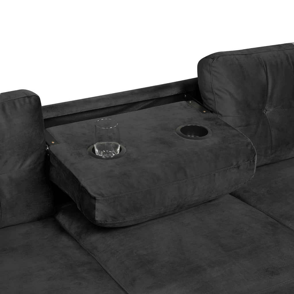 Modern Sectional Sofa with Storage Ottoman, L-Shape Couch with 2 Pillows and Cup Holders, Black Velvet, 105' - Grand Goldman Shop
