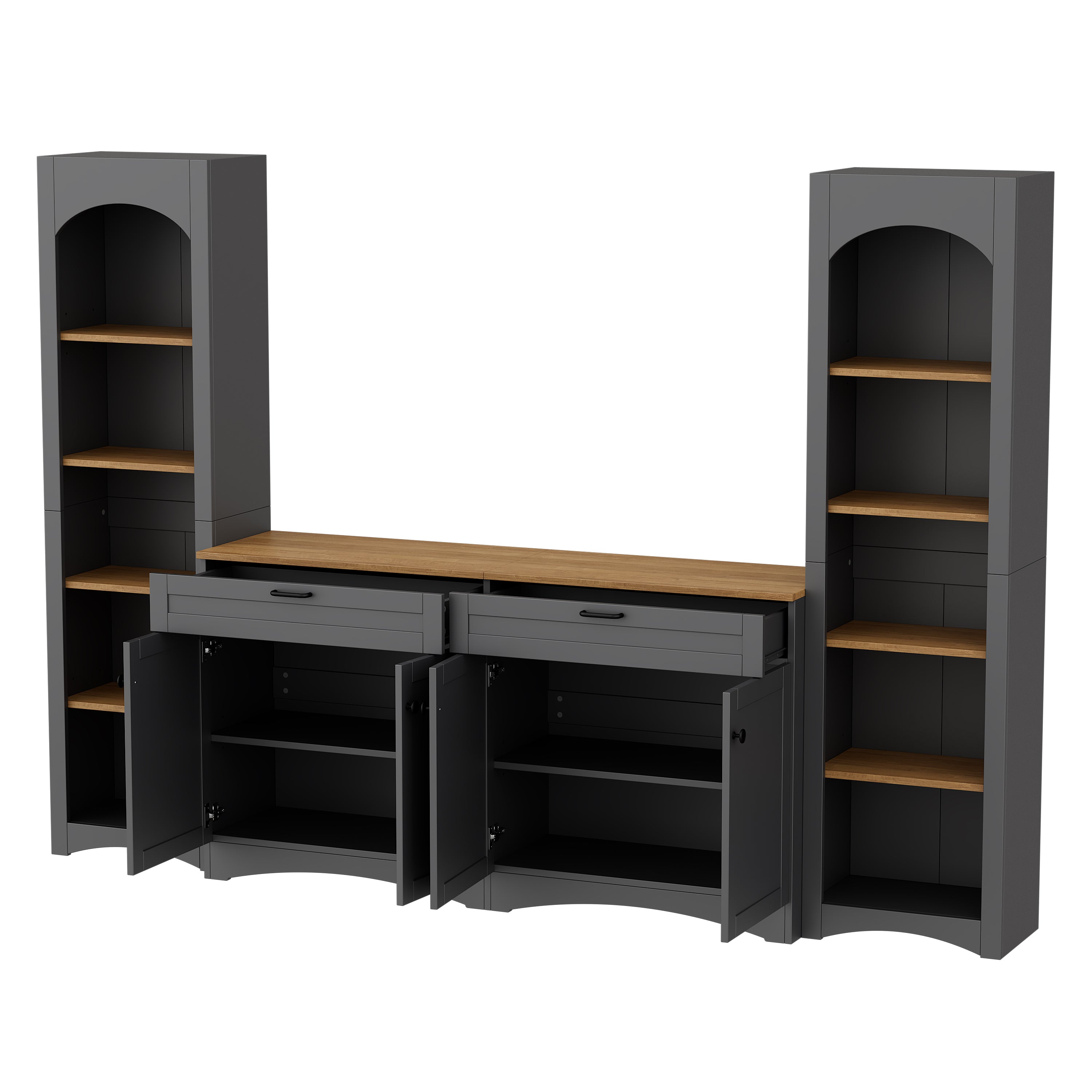 ON-TREND 3-Piece Farmhouse Entertainment Center with Storage Cabinet for TVs Up to 70', Mid-Century TV Stand with Bookshelf, Rustic Versatile Sideboard with Adjustable Shelves for Living Room, Grey - Grand Goldman Shop