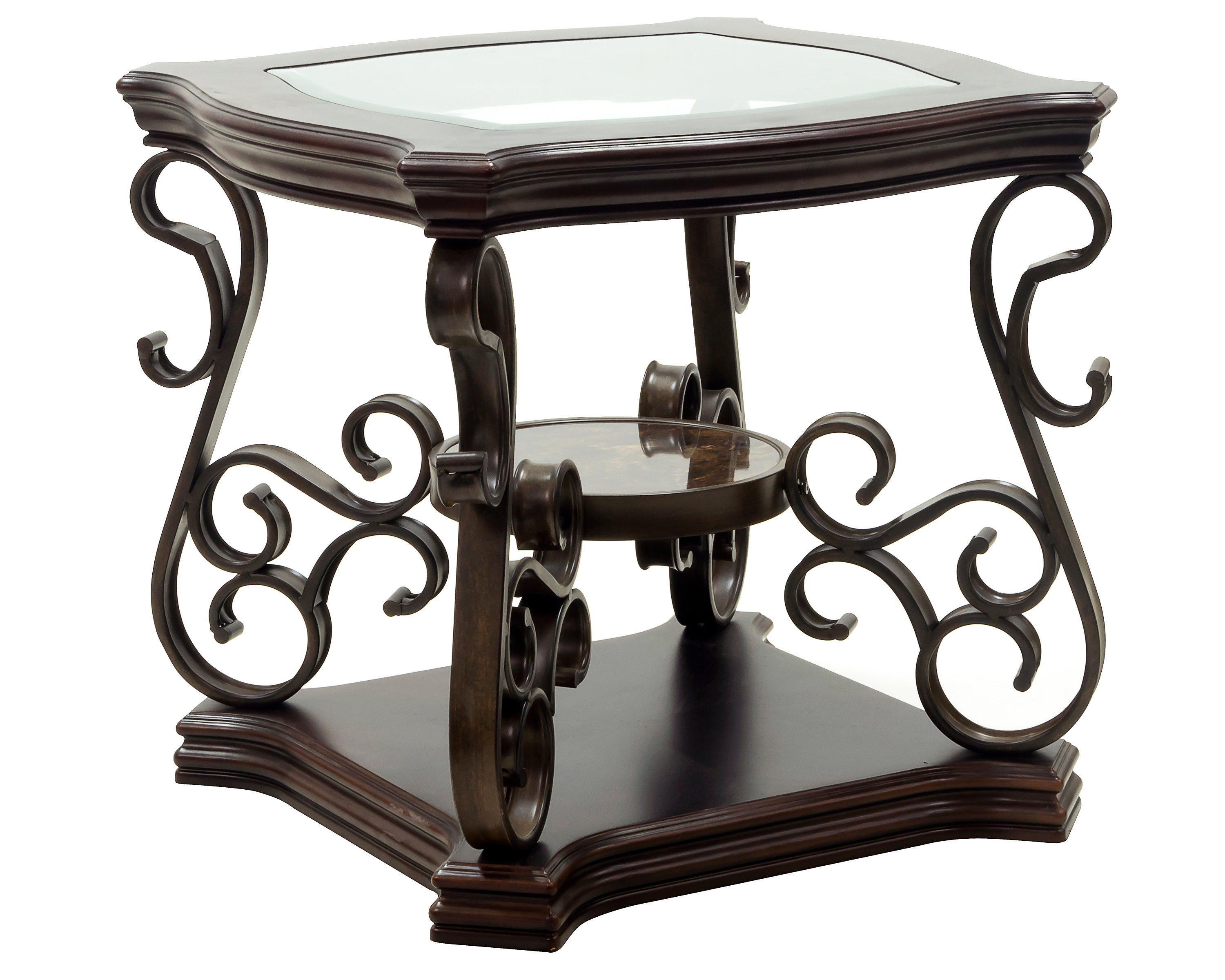 End table,  Glass table top, MDF W/marble paper middle shelf, powder coat finish metal legs. (26.3'Lx26.3'Wx24'H) - Grand Goldman Shop