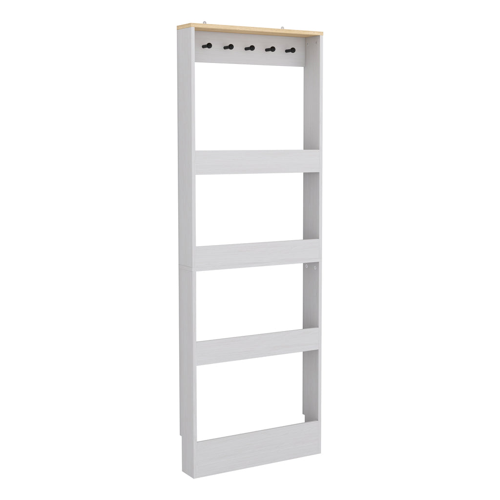 Behind The Door 69' Tall Bookcase with 4 Shelves and 5 hooks,  Space-Saving Narrow storage cabinet for Living Room, Children's Room, Study Room, Kitchen, Corridor-Antique White - Grand Goldman Shop