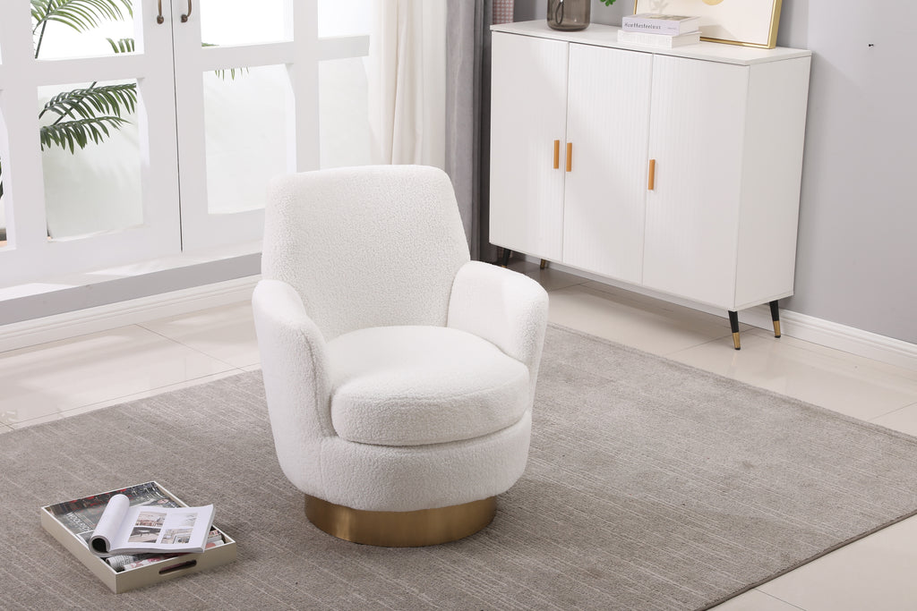 Teddy Swivel Barrel Chair, Swivel Accent Chairs Armchair for Living Room, Reading Chairs for Bedroom Comfy, Round Barrel Chairs with Gold Stainless Steel Base (Ivory) - Grand Goldman Shop