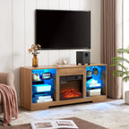 TV Stand Electric Fireplace  Glass Shelves, 3D Fireplace TV Stand with LED Lights Wood with USB Charging Outlet Modern Television Table Center for TV up to 62' OAK 58''W*15.4''D*24.6 - Grand Goldman Shop