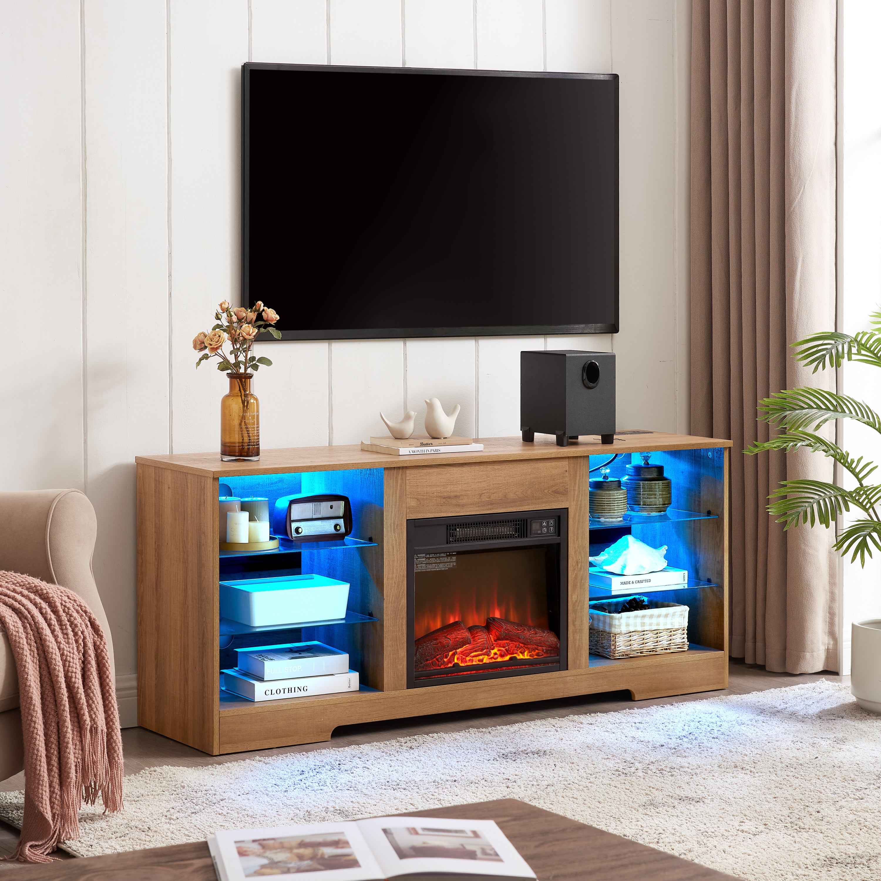 TV Stand Electric Fireplace  Glass Shelves, 3D Fireplace TV Stand with LED Lights Wood with USB Charging Outlet Modern Television Table Center for TV up to 62' OAK 58''W*15.4''D*24.6 - Grand Goldman Shop
