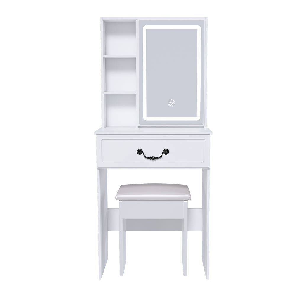 Modern Mini Dressing Table with LED-lit Mirror & Hidden Storage, Adjustable Brightness Vanity Desk, White - Grand Goldman Shop