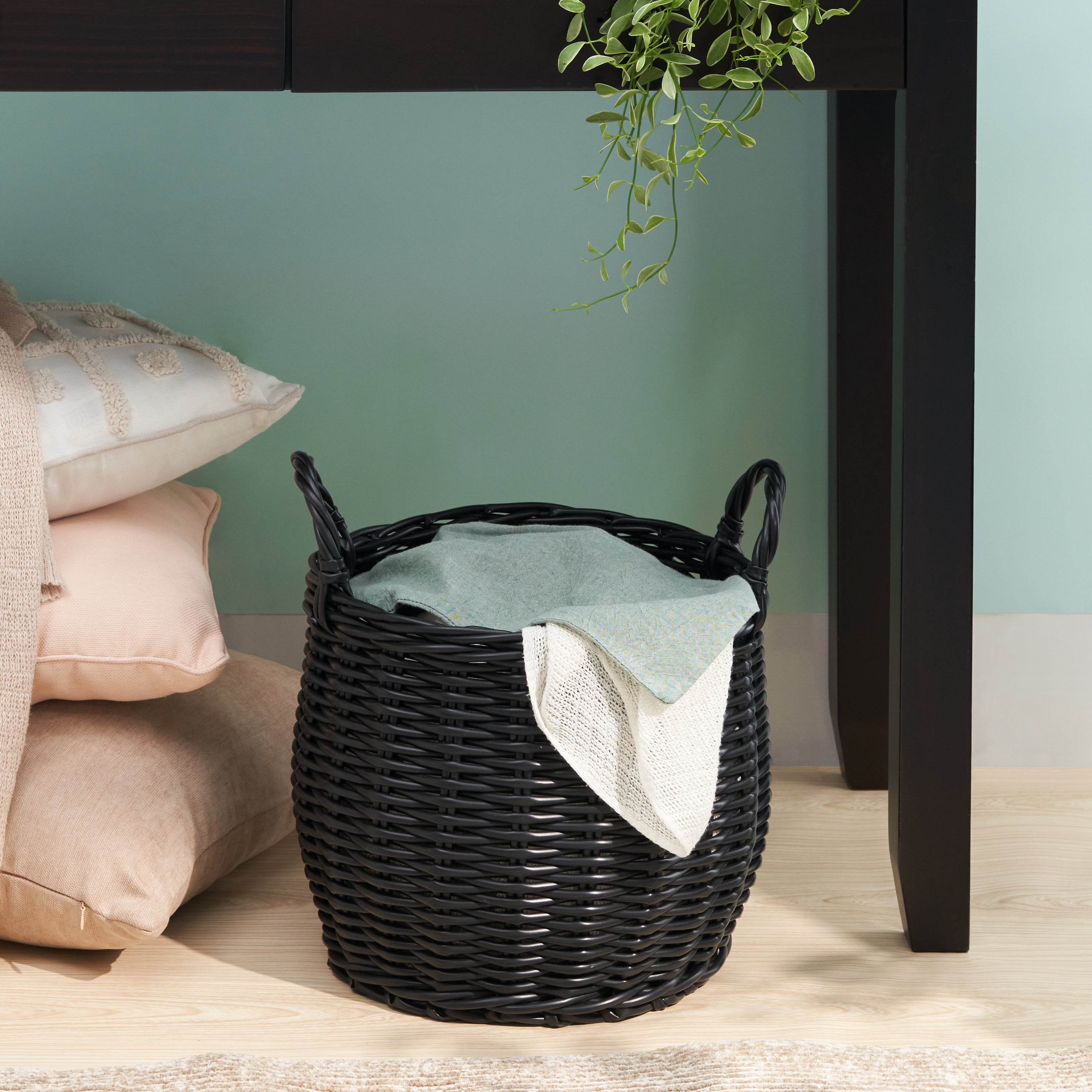 Lucius Round Resin Woven Wicker Basket with Handles - 13' x 13' x 10.2' - Black - For Clothes, Towels, Toys, Magazines Storage and Home Decoration - Grand Goldman Shop
