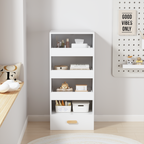 4-Tier Freestanding Bookshelf with 3 Sliding Drawers and 1 Bottom Drawer in White, Engineered Wood | Premium Home Decor - Gra