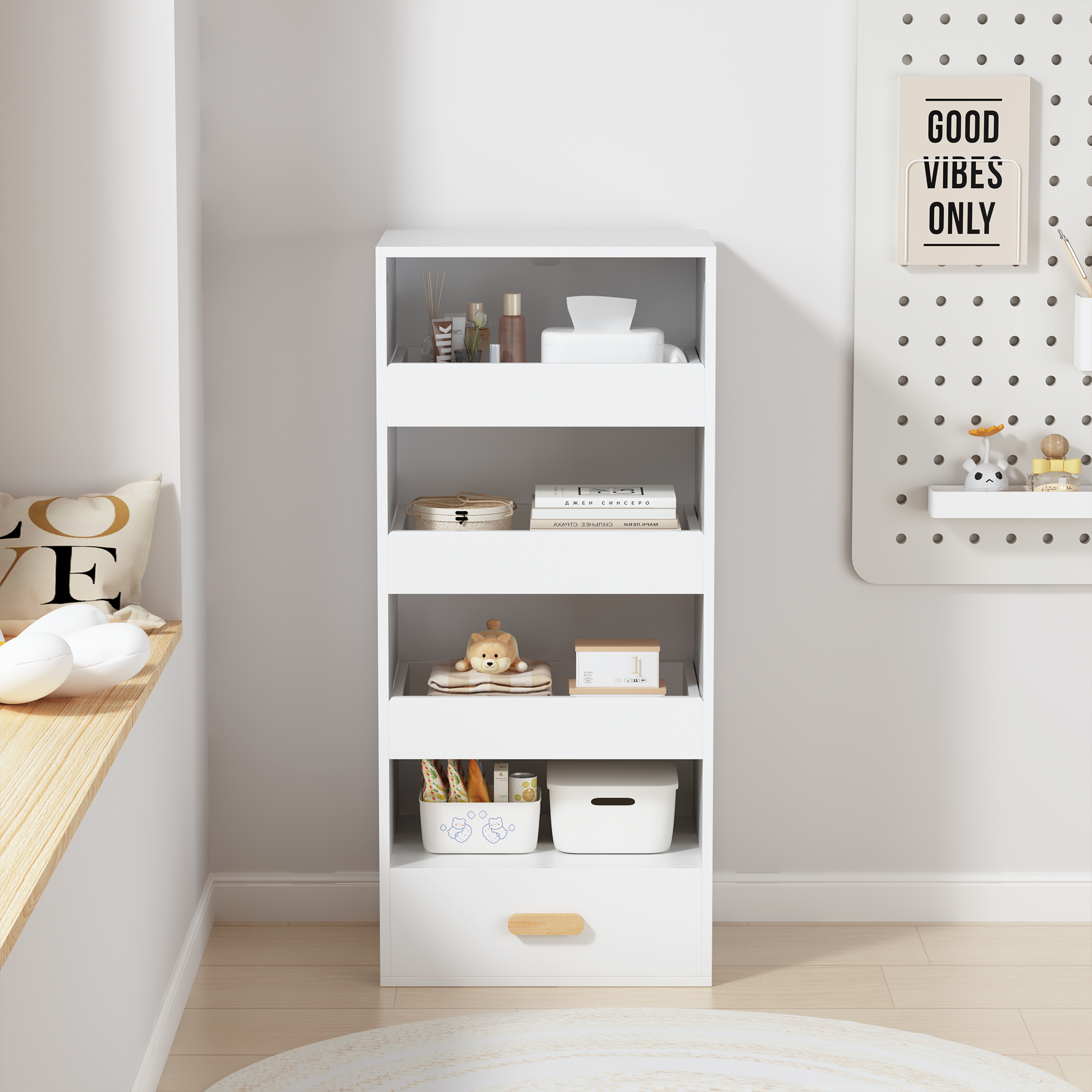 4-Tier Freestanding Bookshelf with 3 Sliding Drawers and 1 Bottom Drawer in White, Engineered Wood | Premium Home Decor - Gra