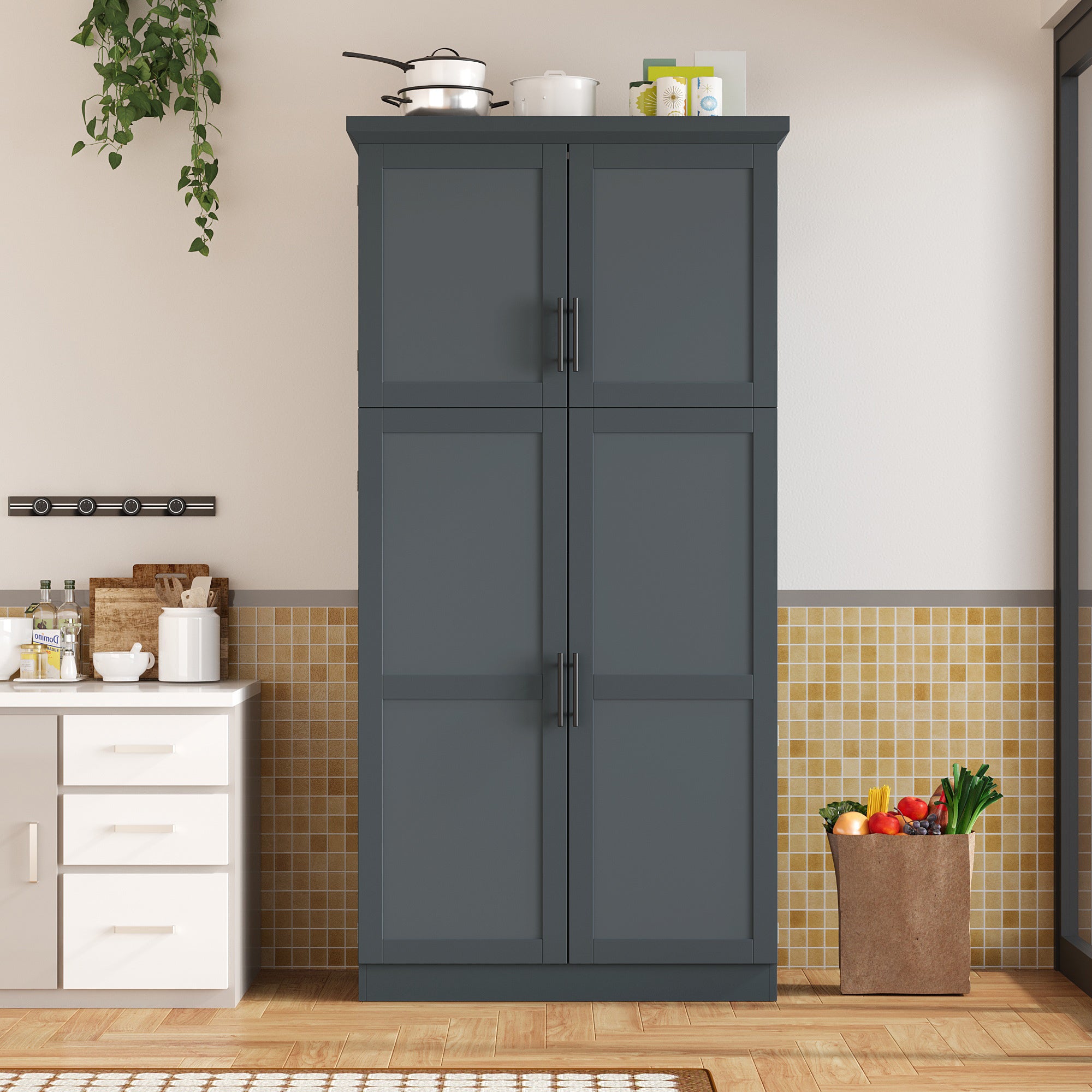 [Assembly Video Provided] TOPMAX 35.5x17.6x70.9inch Freestanding Kitchen Pantry Cabinet, Tall Storage Cabinet with 4 Doors, 2 Door Shelves, 8 Pull-out Trays and Adjustable Shelf for Dining Room, Gray - Grand Goldman Shop