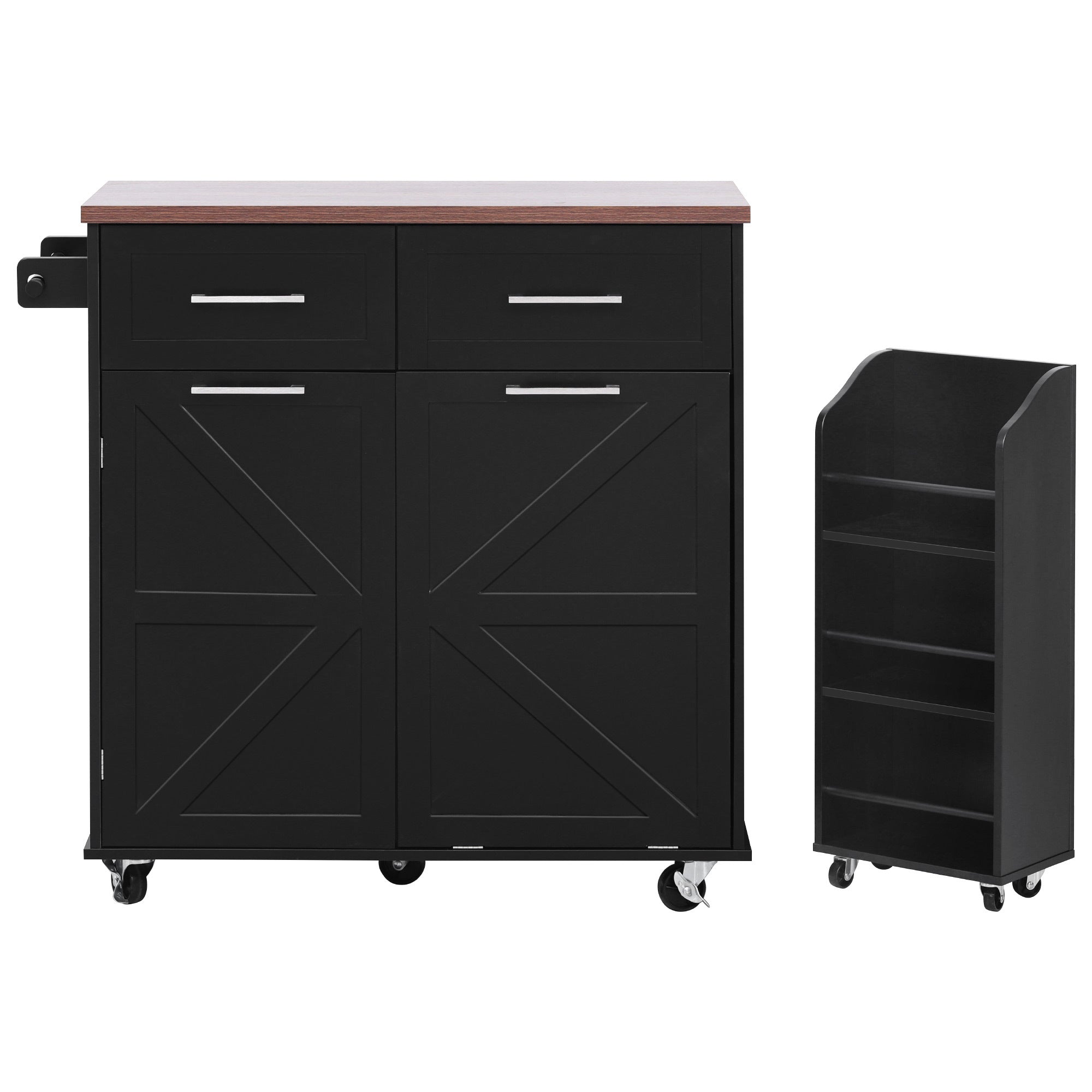 K&K 47.2' Farmhouse Kitchen Island with Drop Leaf, Kitchen Storage Island with Removable Side Racks, Two Drawers, Rolling Kitchen Cart on Wheels with Towel Rack, for Home, Kitchen, Dining Room, Black - Grand Goldman Shop