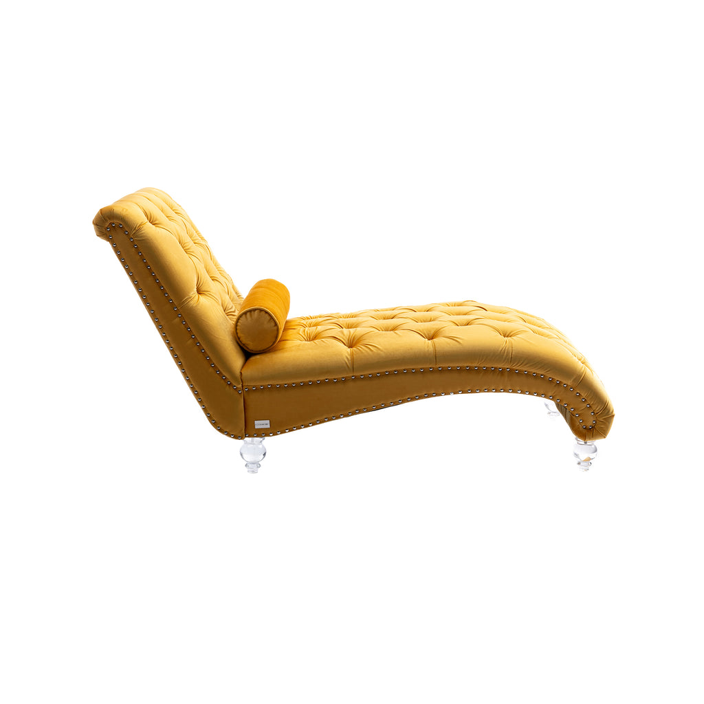 Velvet Button-Tufted Upholstered Chaise Lounge Chair with Pillow for Bedroom Living Room Office, Mustard - Grand Goldman Shop