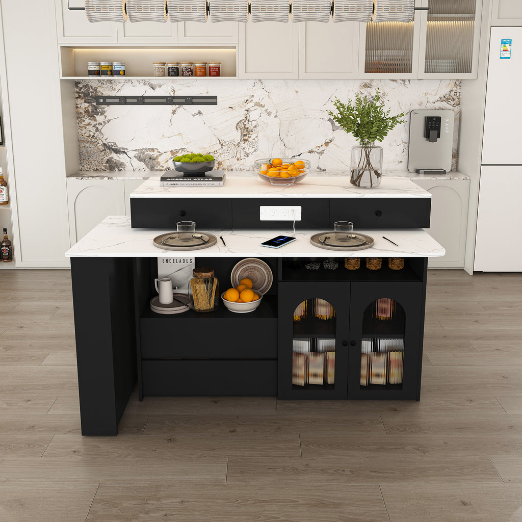 Retro Kitchen Island with Extendable Rotating Table, Black Marble Veneer on MDF, 4 Drawers & Glass Door Cabinets, Built-in Socket, Fits 2-4 People - Grand Goldman Shop