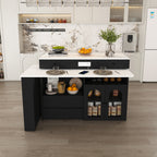Retro Kitchen Island with Extendable Rotating Table, Black Marble Veneer on MDF, 4 Drawers & Glass Door Cabinets, Built-in Socket, Fits 2-4 People - Grand Goldman Shop