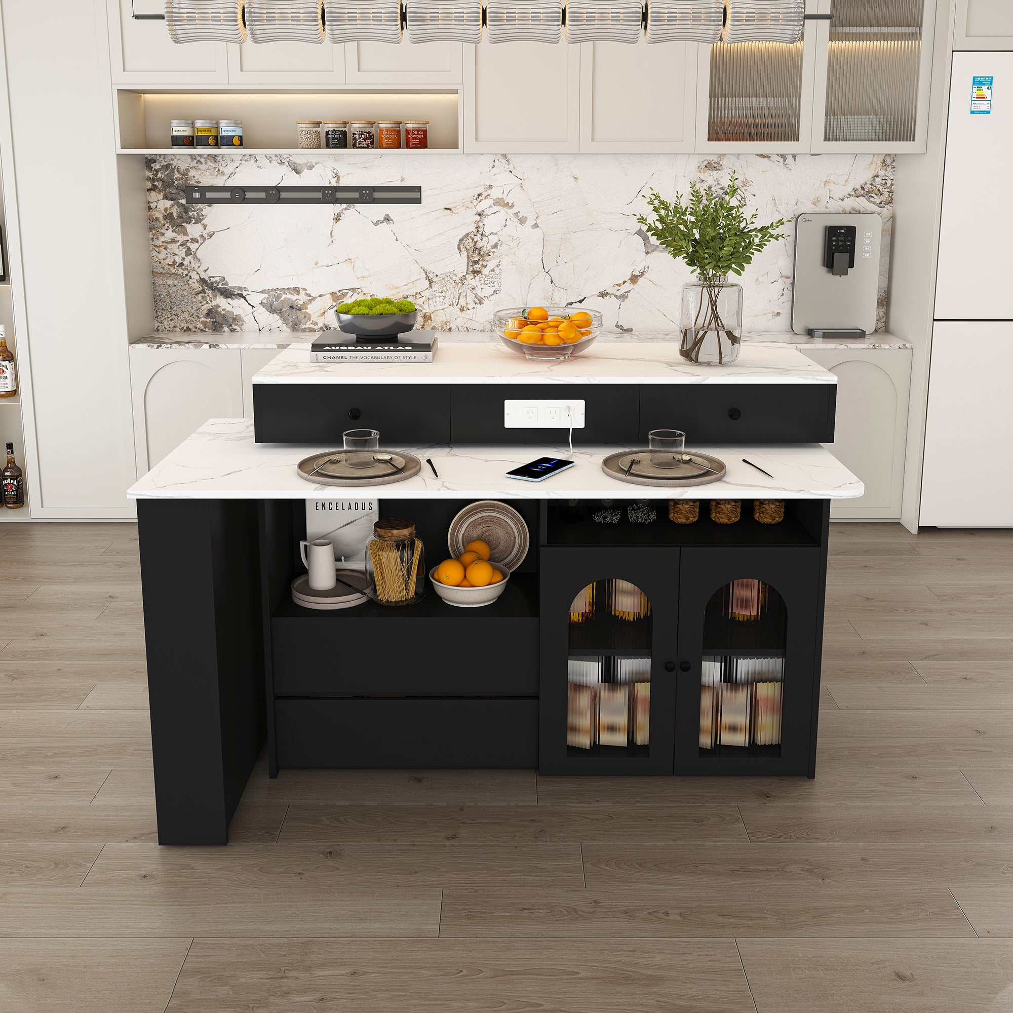 Retro Kitchen Island with Extendable Rotating Table, Black Marble Veneer on MDF, 4 Drawers & Glass Door Cabinets, Built-in Socket, Fits 2-4 People - Grand Goldman Shop