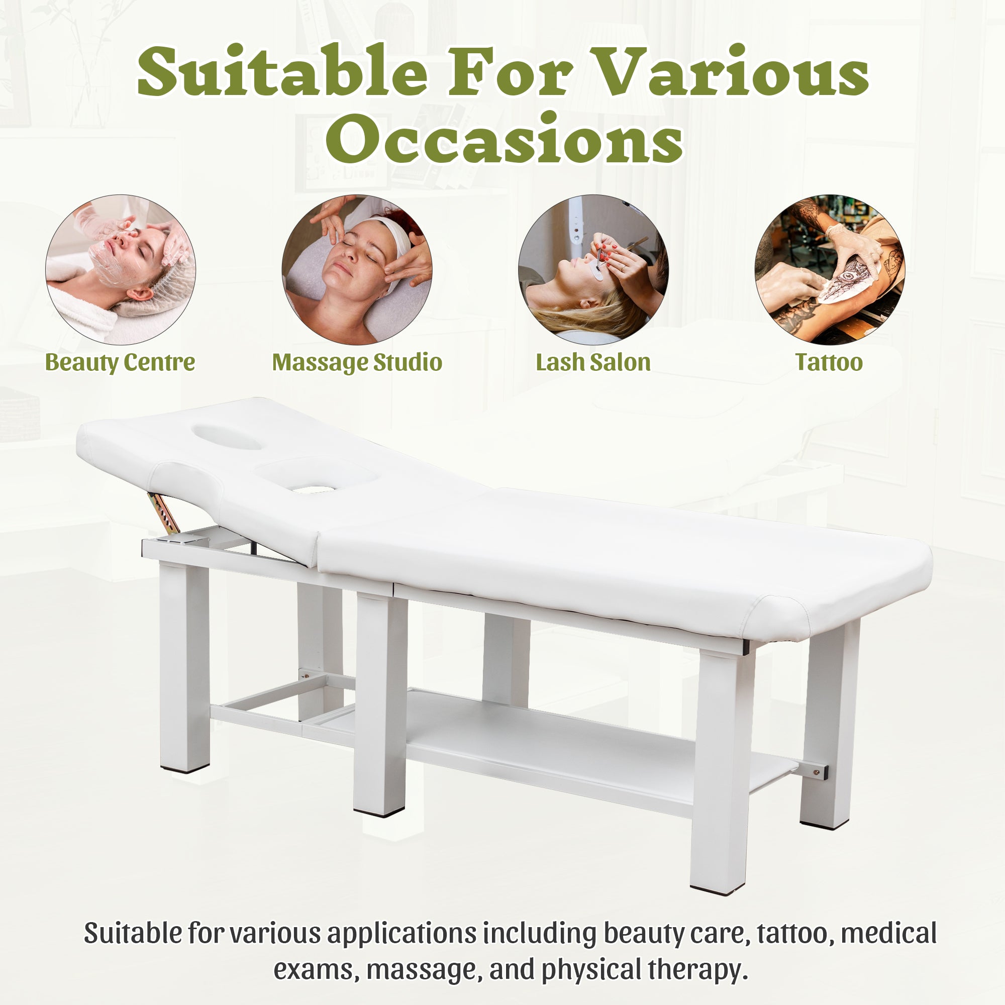 Adjustable Massage Table 0-15° Reclining, High-Resiliency Waterproof Cushion with Detachable Headrest, Bottom Storage, Heavy-