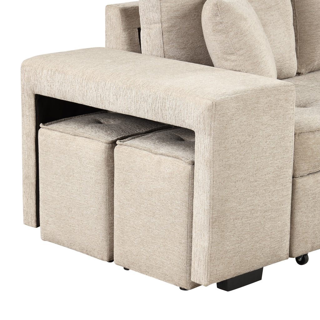 Modern L-Shape 3 Seat Reversible Sectional Couch with Pull Out Sleeper, Storage Chaise & 2 Stools, Cream, Linen Chenille - Grand Goldman Shop