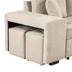 Modern L-Shape 3 Seat Reversible Sectional Couch with Pull Out Sleeper, Storage Chaise & 2 Stools, Cream, Linen Chenille - Grand Goldman Shop