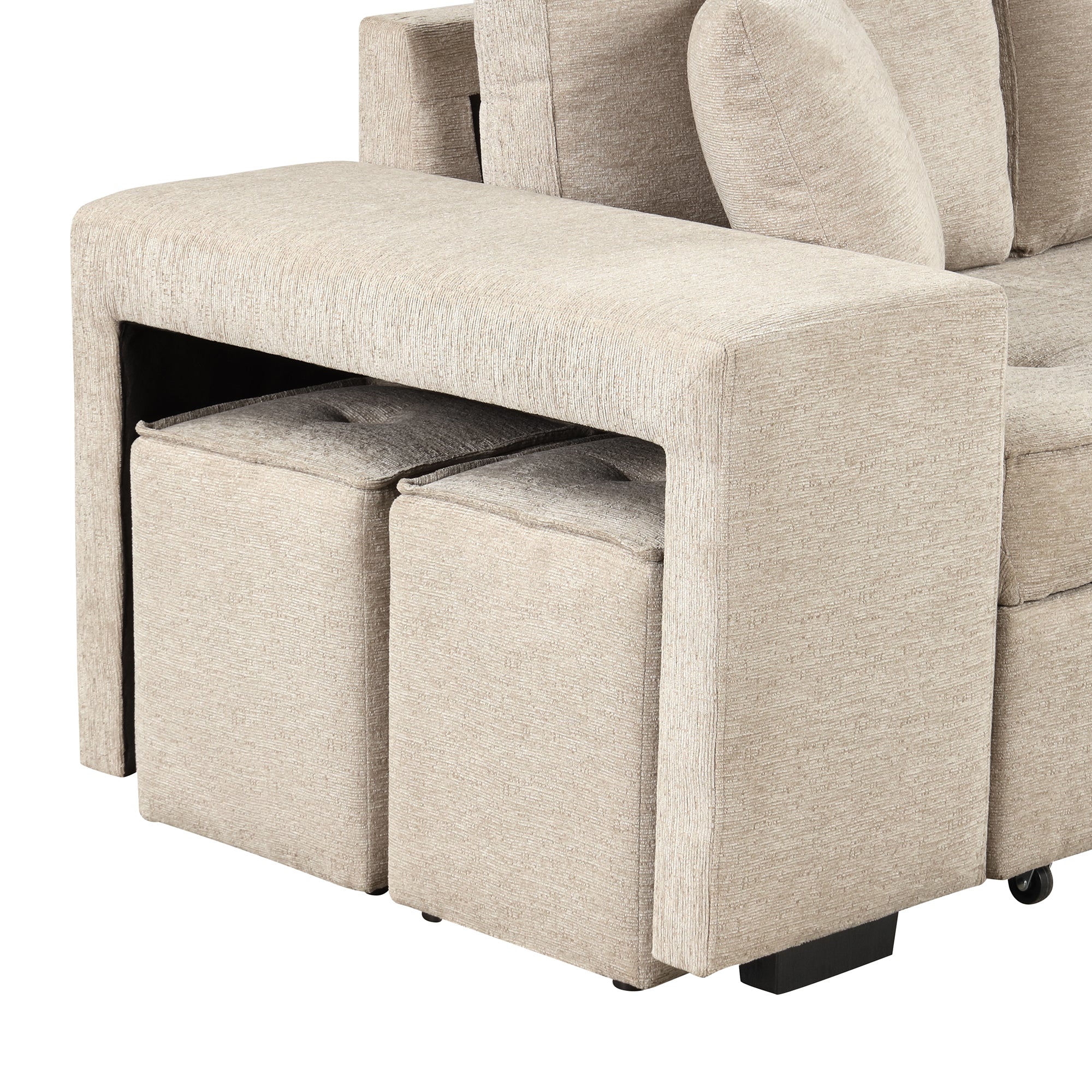 Modern L-Shape 3 Seat Reversible Sectional Couch with Pull Out Sleeper, Storage Chaise & 2 Stools, Cream, Linen Chenille - Grand Goldman Shop