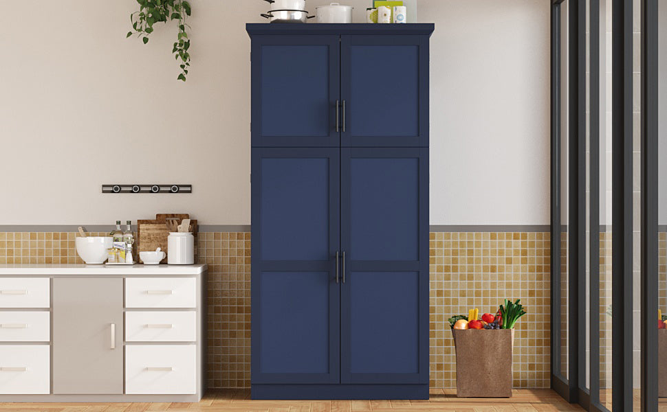 [Assembly Video Provided] TOPMAX 35.5x17.6x70.9inch Freestanding Kitchen Pantry Cabinet, Tall Storage Cabinet with 4 Doors, 2 Door Shelves, 8 Pull-out Trays and Adjustable Shelf for Dining Room, Blue - Grand Goldman Shop