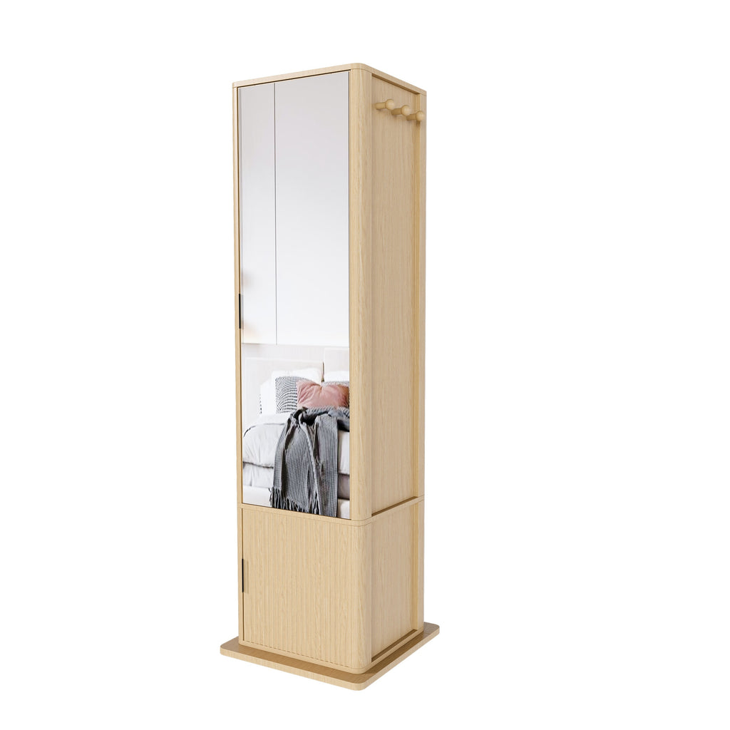 360° Rotating Makeup Cabinet in Walnut with Full-Length Mirror, Jewelry Storage, Coat Rack, 4 Open Shelves & 2 Built-In Shelves - Grand Goldman Shop