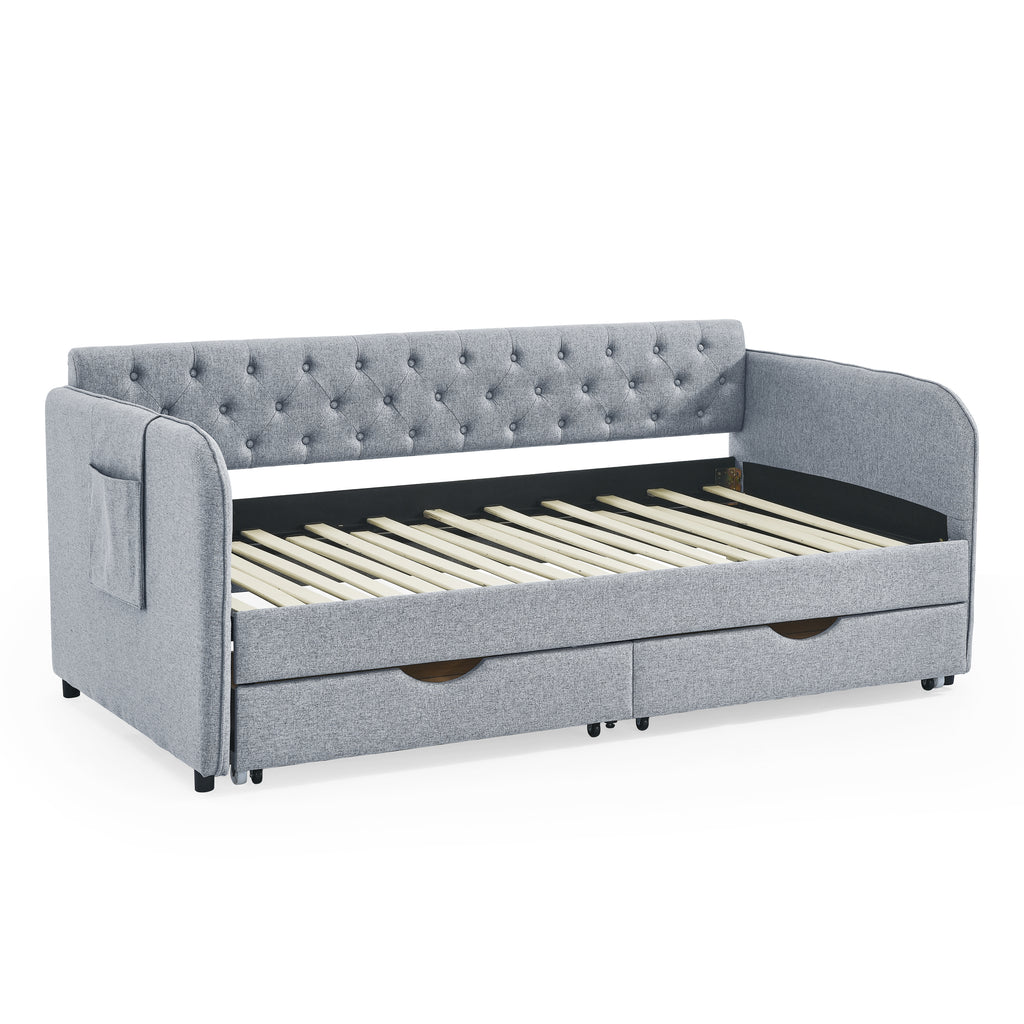 Linen Grey Mid-Century Style Twin Daybed with Trundle and Storage Drawers, Flat Arms with Pocket, Extendable for Bedroom or Living Room - Grand Goldman Shop