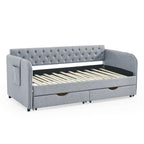 Linen Grey Mid-Century Style Twin Daybed with Trundle and Storage Drawers, Flat Arms with Pocket, Extendable for Bedroom or Living Room - Grand Goldman Shop
