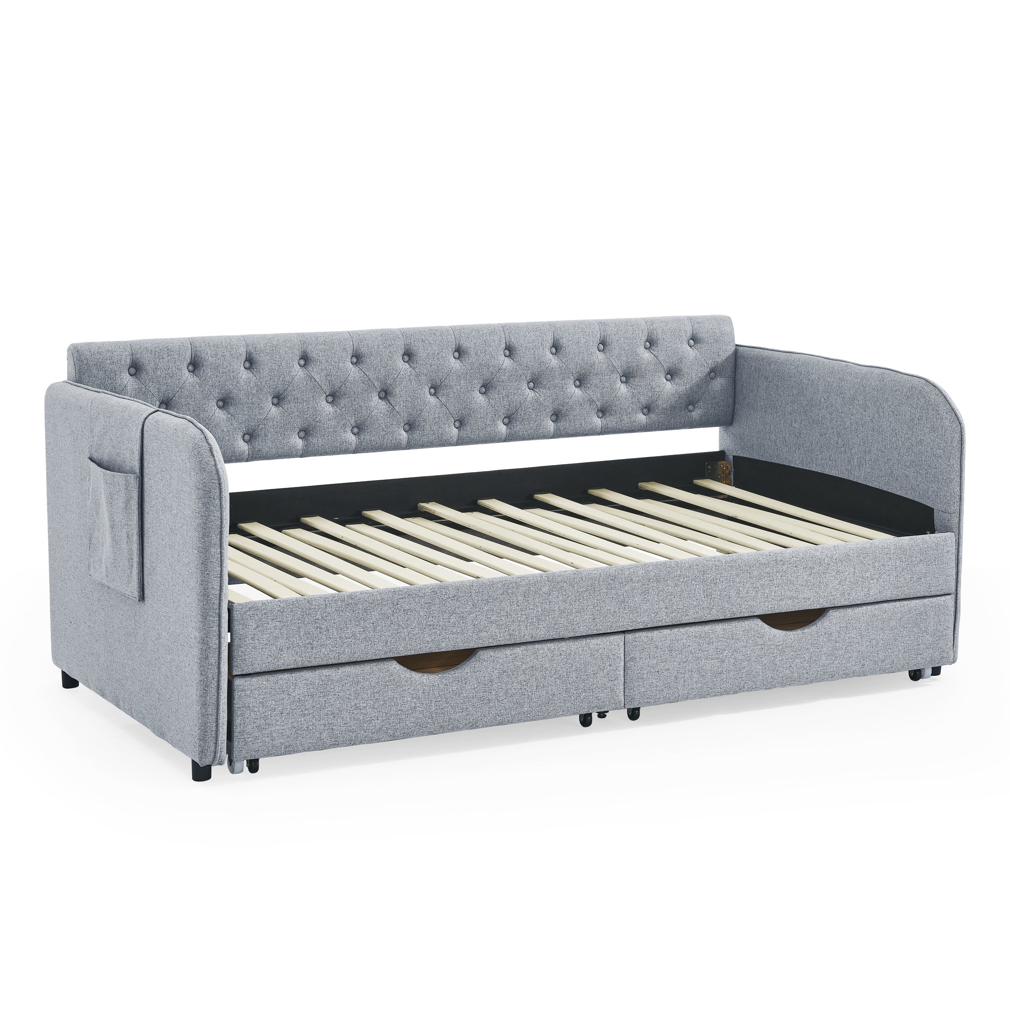 Linen Grey Mid-Century Style Twin Daybed with Trundle and Storage Drawers, Flat Arms with Pocket, Extendable for Bedroom or Living Room - Grand Goldman Shop