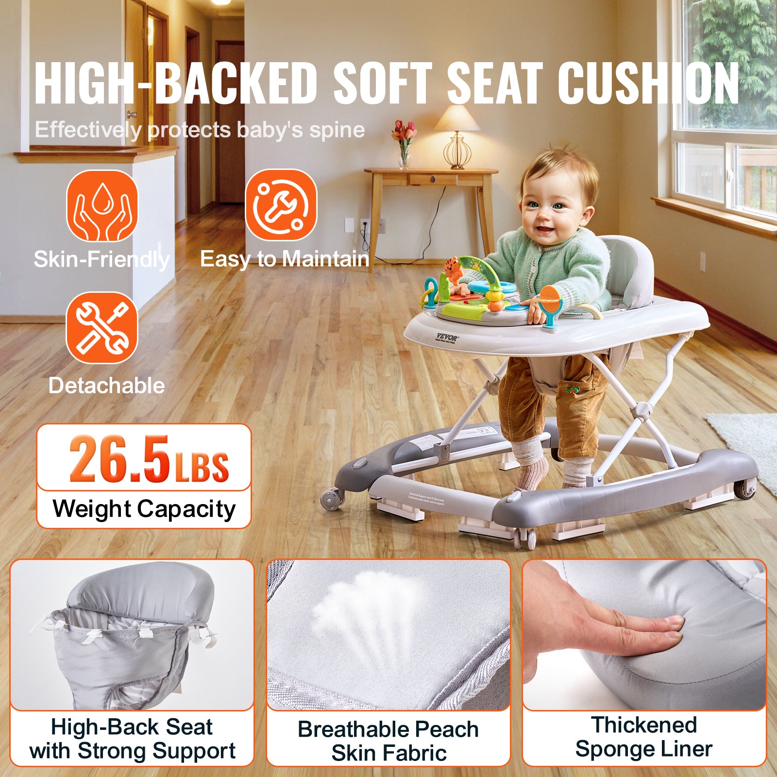 Stylish 4-in-1 Baby Walker, Foldable Baby Activity Center on Wheels, 3 Adjustable Height, Music & Toys Tray, Learning-Seated,