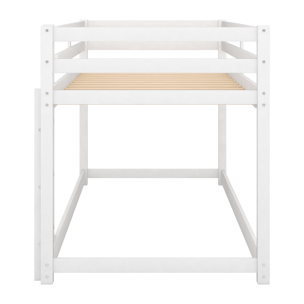 White Twin Over Twin Floor Bunk Bed with Ladder, Solid Pine Wood, 79.1''L x 42''W x 46.5''H - Grand Goldman Shop
