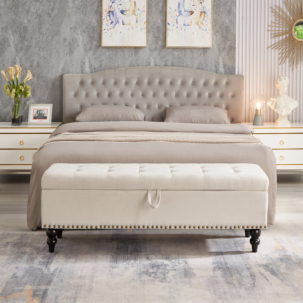 59' Bed Bench Ottoman with Storage  Beige Fabric - Grand Goldman Shop