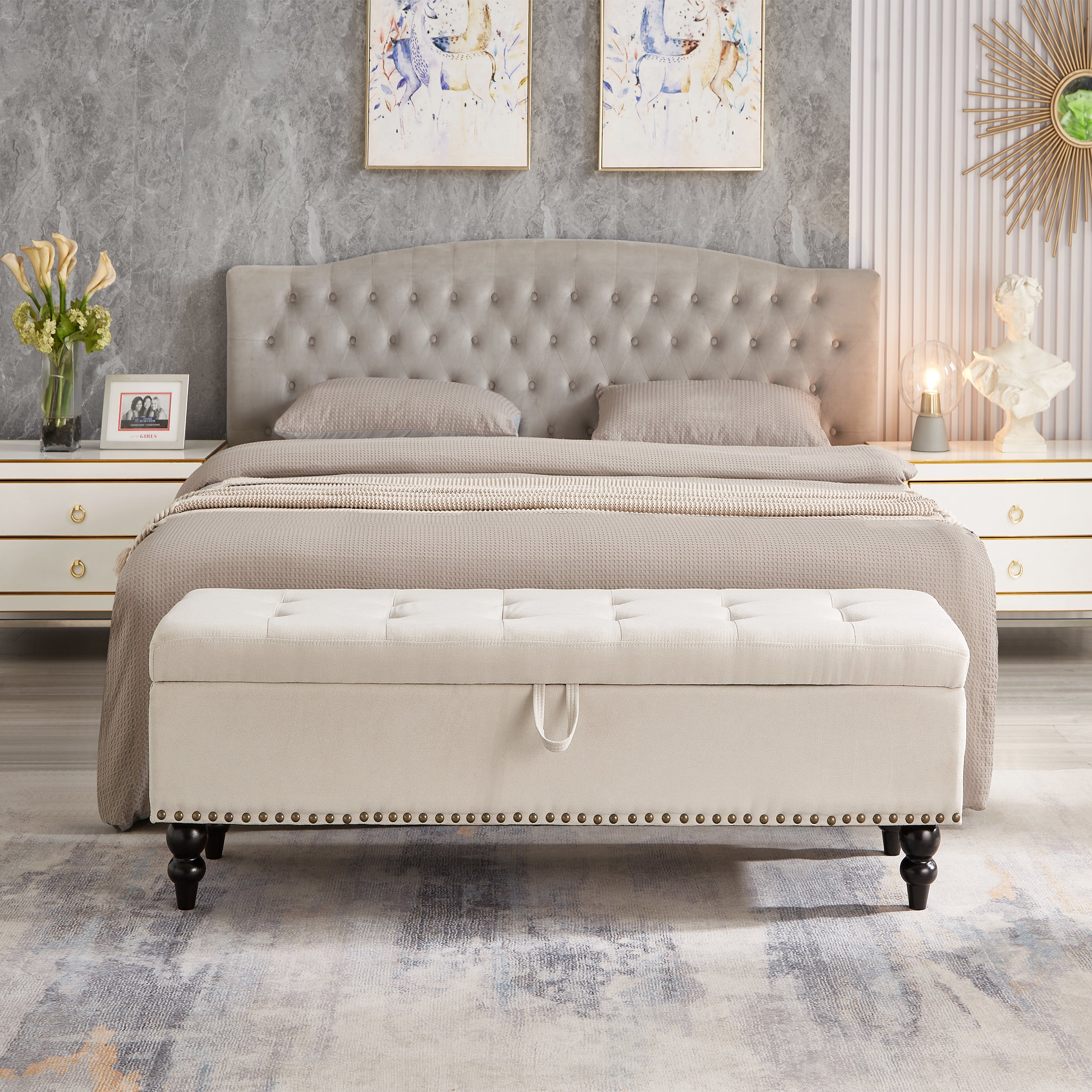 59' Bed Bench Ottoman with Storage  Beige Fabric - Grand Goldman Shop