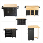 Kitchen Island & Kitchen Cart, Mobile Kitehcn Island with Extensible Rubber Wood Table Top,adjustable Shelf Inside Cabinet for Different Utensils, 3 Big Drawers, with Spice Rack, Towel Rack, Black-Bee - Grand Goldman Shop