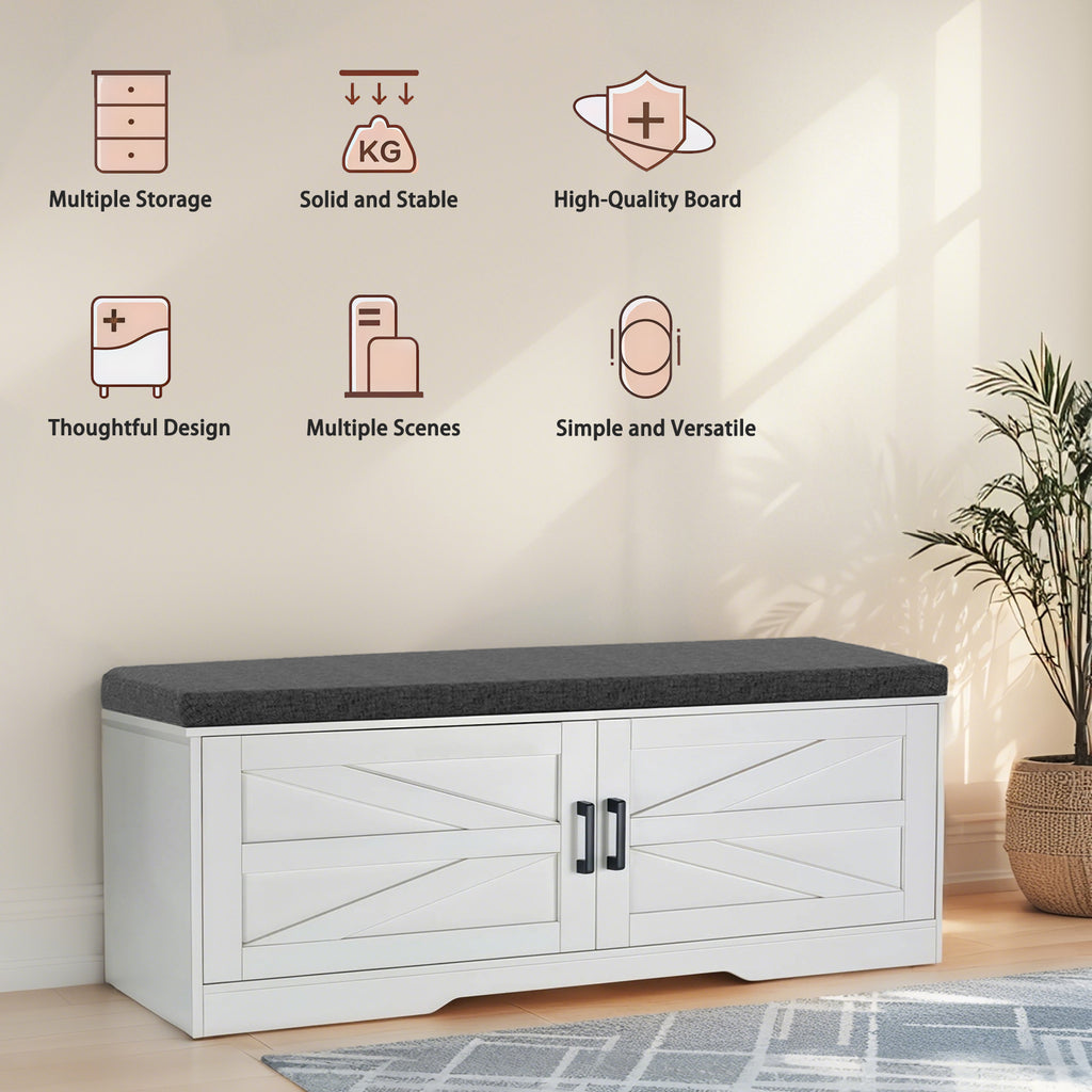 2 Tier Shoe Bench with Padded Seat, 2 Barn Doors and Adjustable Shelves, for Entryway and Living Room, White MDF - Grand Goldman Shop