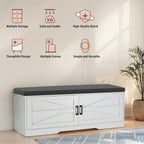2 Tier Shoe Bench with Padded Seat, 2 Barn Doors and Adjustable Shelves, for Entryway and Living Room, White MDF - Grand Goldman Shop