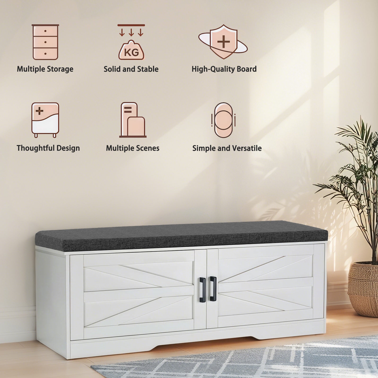 2 Tier Shoe Bench with Padded Seat, 2 Barn Doors and Adjustable Shelves, for Entryway and Living Room, White MDF - Grand Goldman Shop