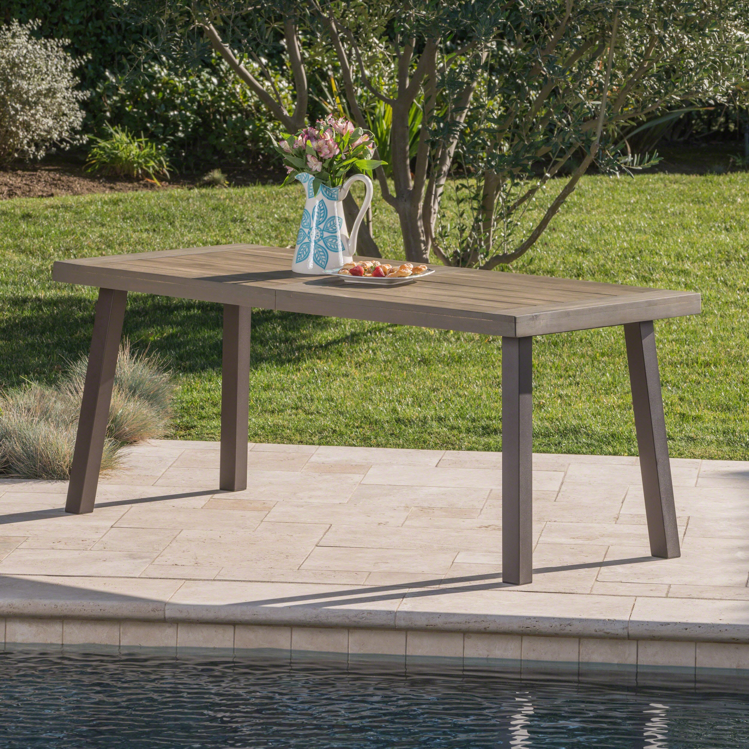 Acacia Wood Dining Table with Slat Design, Grey Finish / Rustic Metal - Grand Goldman Shop