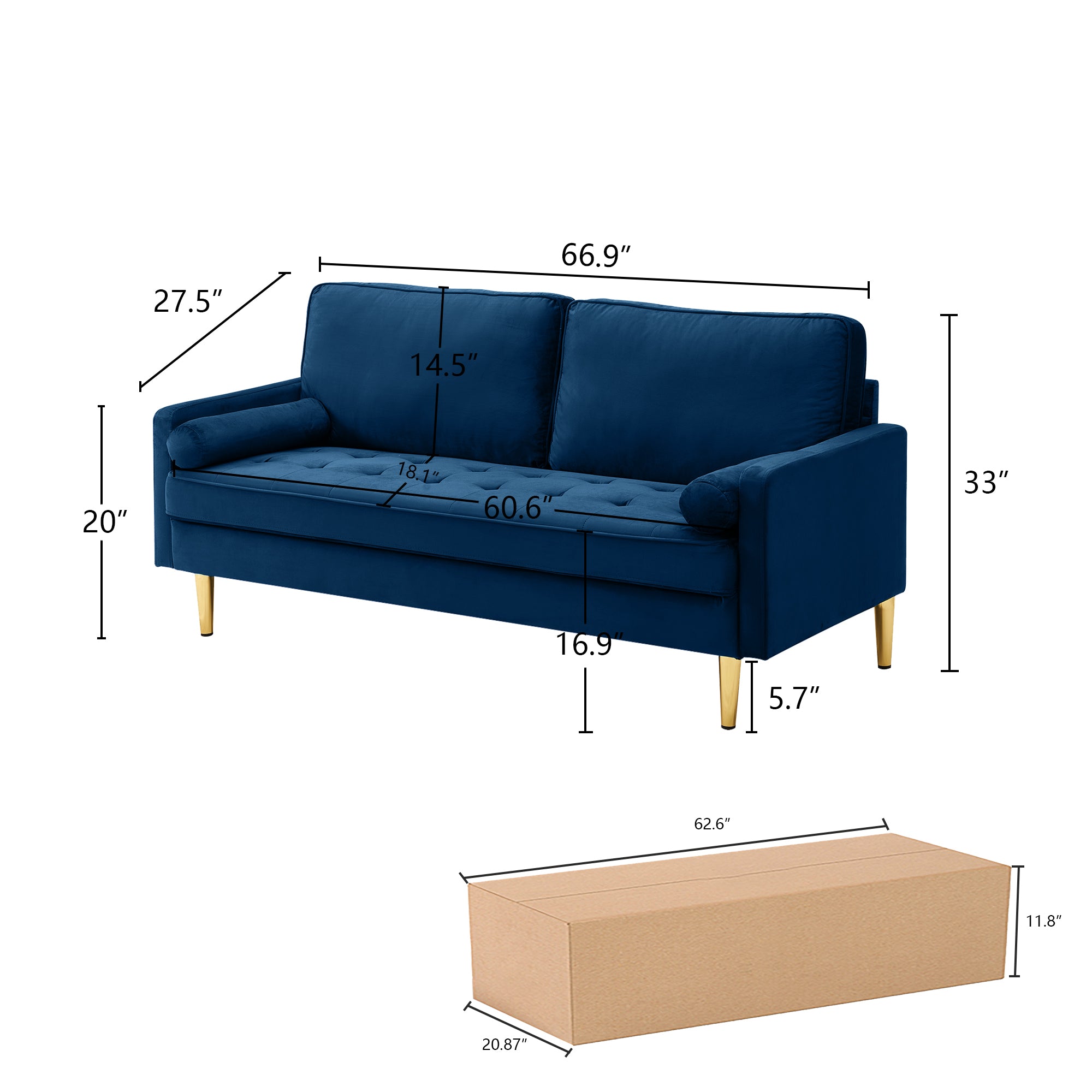65-inch minimalist velvet sofa with metallic-coloured legs, complete with cushions, suitable for the living room or bedroom. - Grand Goldman Shop