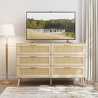 Rattan 6 Drawers Chest Of Dressers For Bedroom,  Modern 6 Drawer Dresser,  Wide Chest Of Drawers With Wood Handles,  Rattan Dresser Storage Cabinet For Living Room,  Bedroom,  Hallway - Grand Goldman Shop