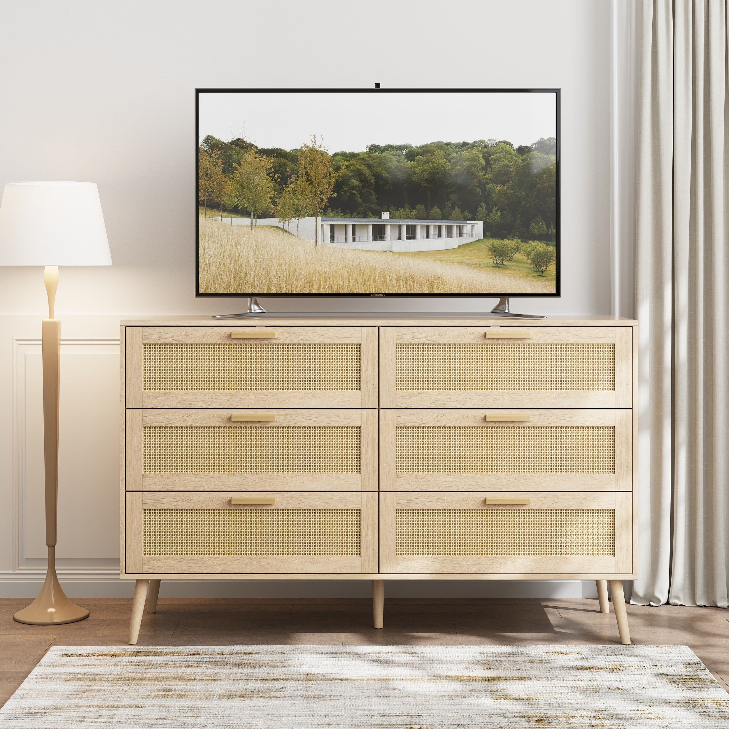 Rattan 6 Drawers Chest Of Dressers For Bedroom,  Modern 6 Drawer Dresser,  Wide Chest Of Drawers With Wood Handles,  Rattan Dresser Storage Cabinet For Living Room,  Bedroom,  Hallway - Grand Goldman Shop